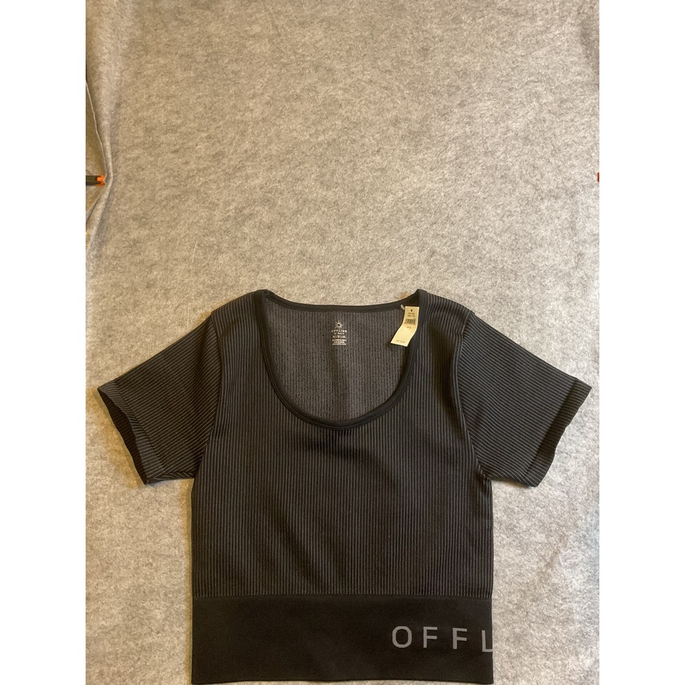 NWT OFFLINE by Aerie Ribbed Seamless Crop Top Black Short Sleeve XL 2349-07
